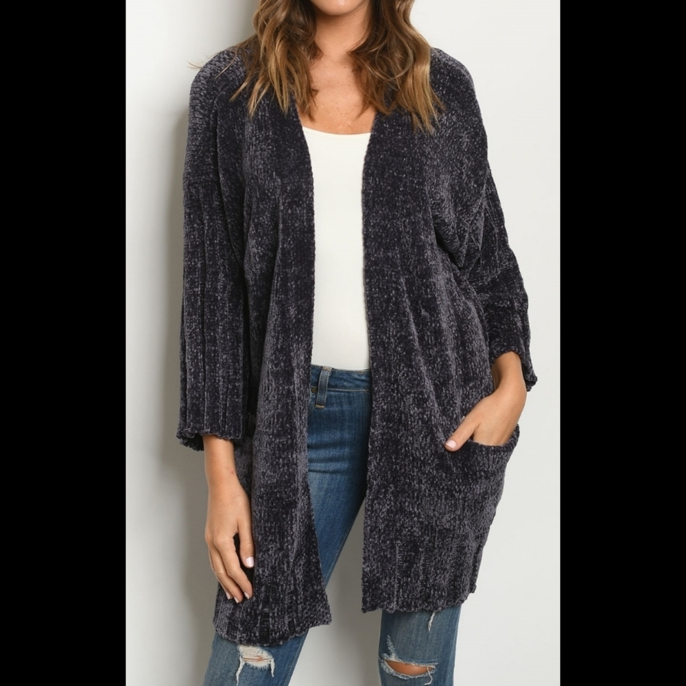 NWT Charcoal/navy softest chenille open front cardigan